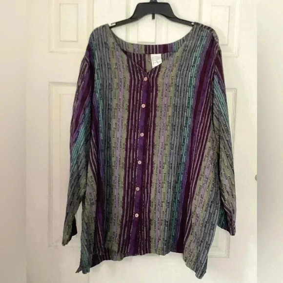 Roaman's Tops - Roarnan’s  Plus Size 34W 100%Cotton Purple , Green , yellow stripes Tunic Top